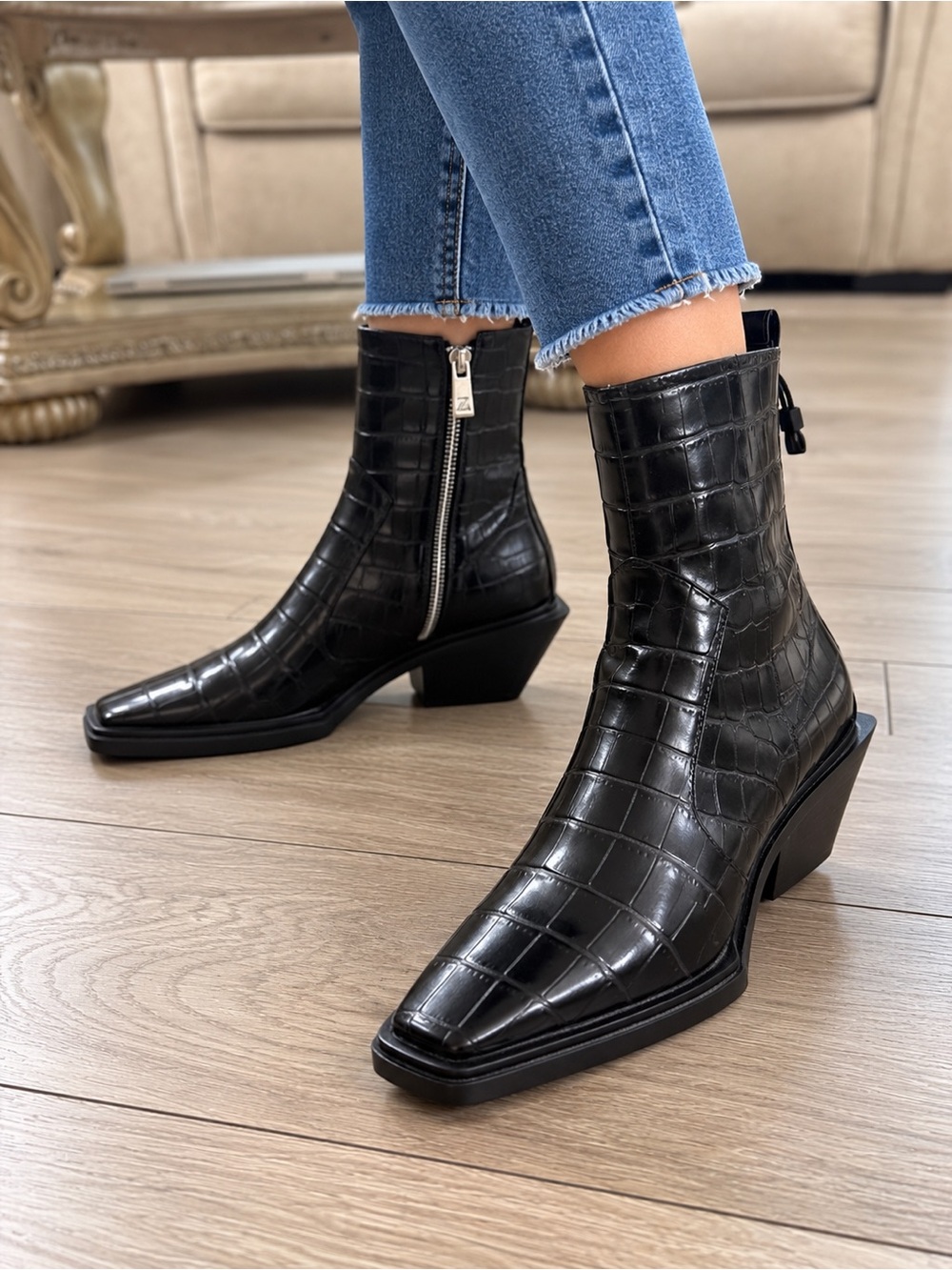 Zara Black Croc Effect Western Cowboy Ankle Boots EU 39 NWT